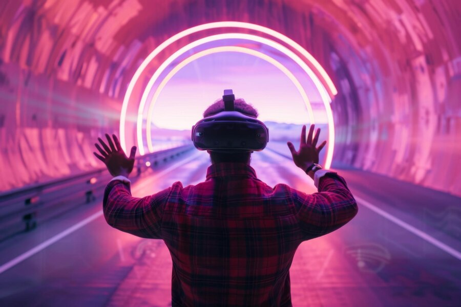 El futuro del metarverso. Una persona con gafas de VR entrando en un tunel virtual