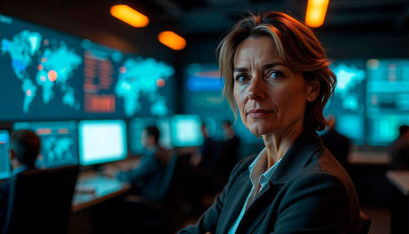 Mujer profesional española en primer plano dentro de un centro de operaciones de ciberseguridad, con pantallas al fondo mostrando mapas digitales del mundo.