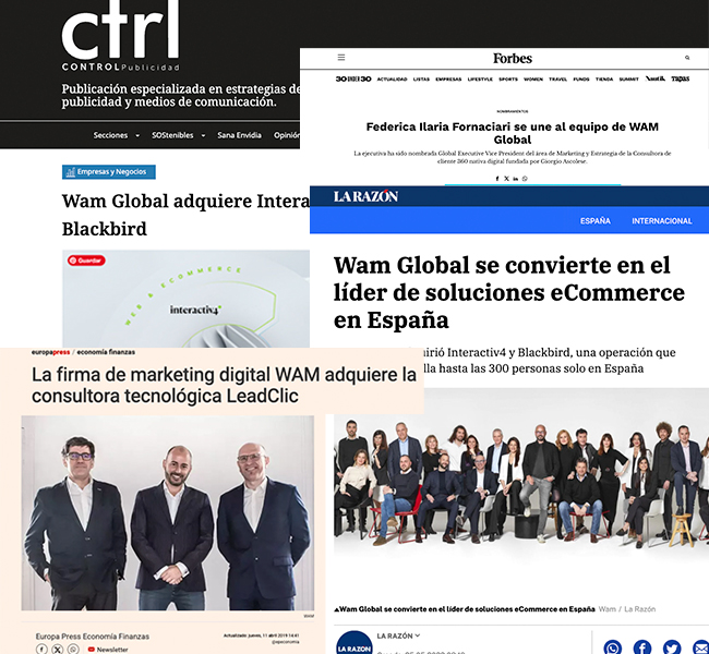 Recortes de prensa de medios como Forbes, La Razón o Europa Press que destacan el crecimiento y liderazgo de WAM Global tras su estrategia de PR digital diseñada por MacLucan.