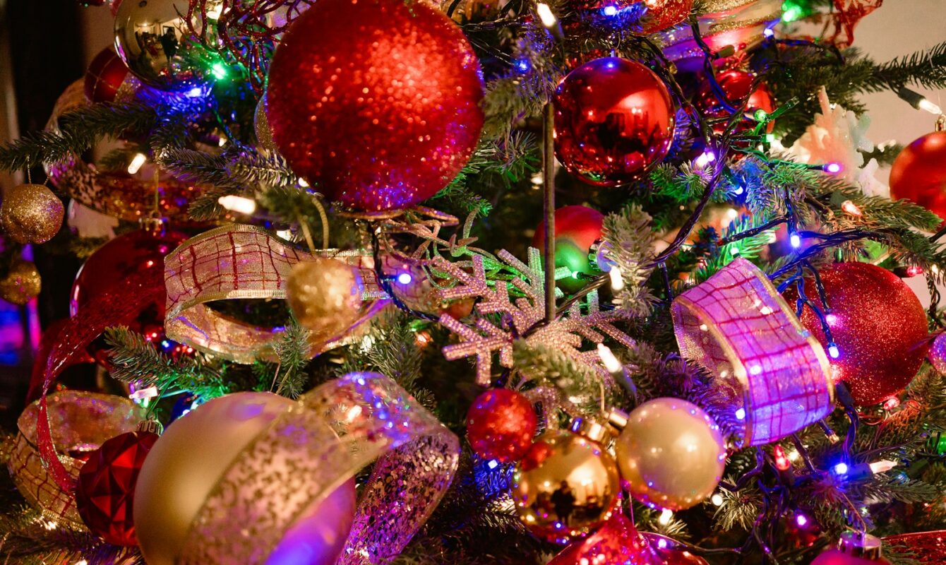 a close up of a christmas tree with ornaments
