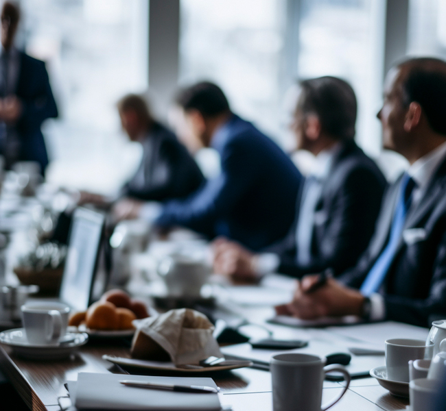 Reunión de alto nivel con directivos debatiendo alrededor de una mesa de trabajo