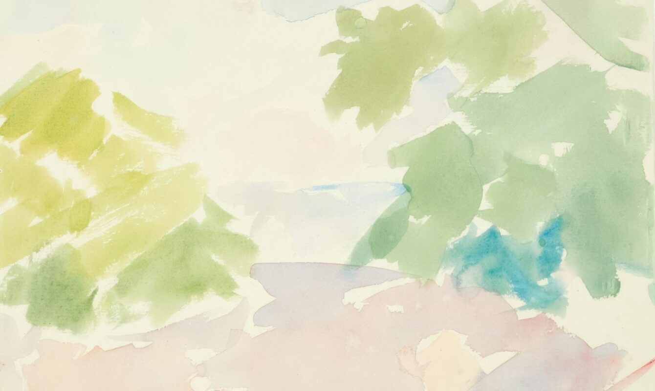 Watercolor painting depicting a landscape.