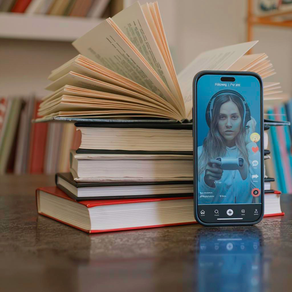 Móvil con TikTok encendido frente a libros abiertos iluminados por luces de colores.