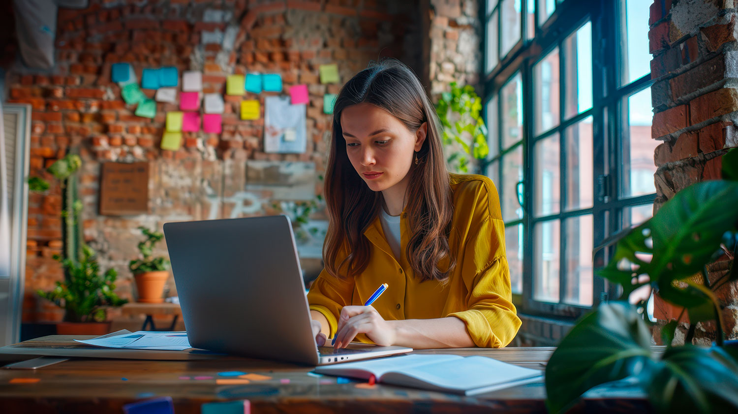 Mujer joven en oficina creativa escribiendo en un portátil, rodeada de notas adhesivas y luz natural.