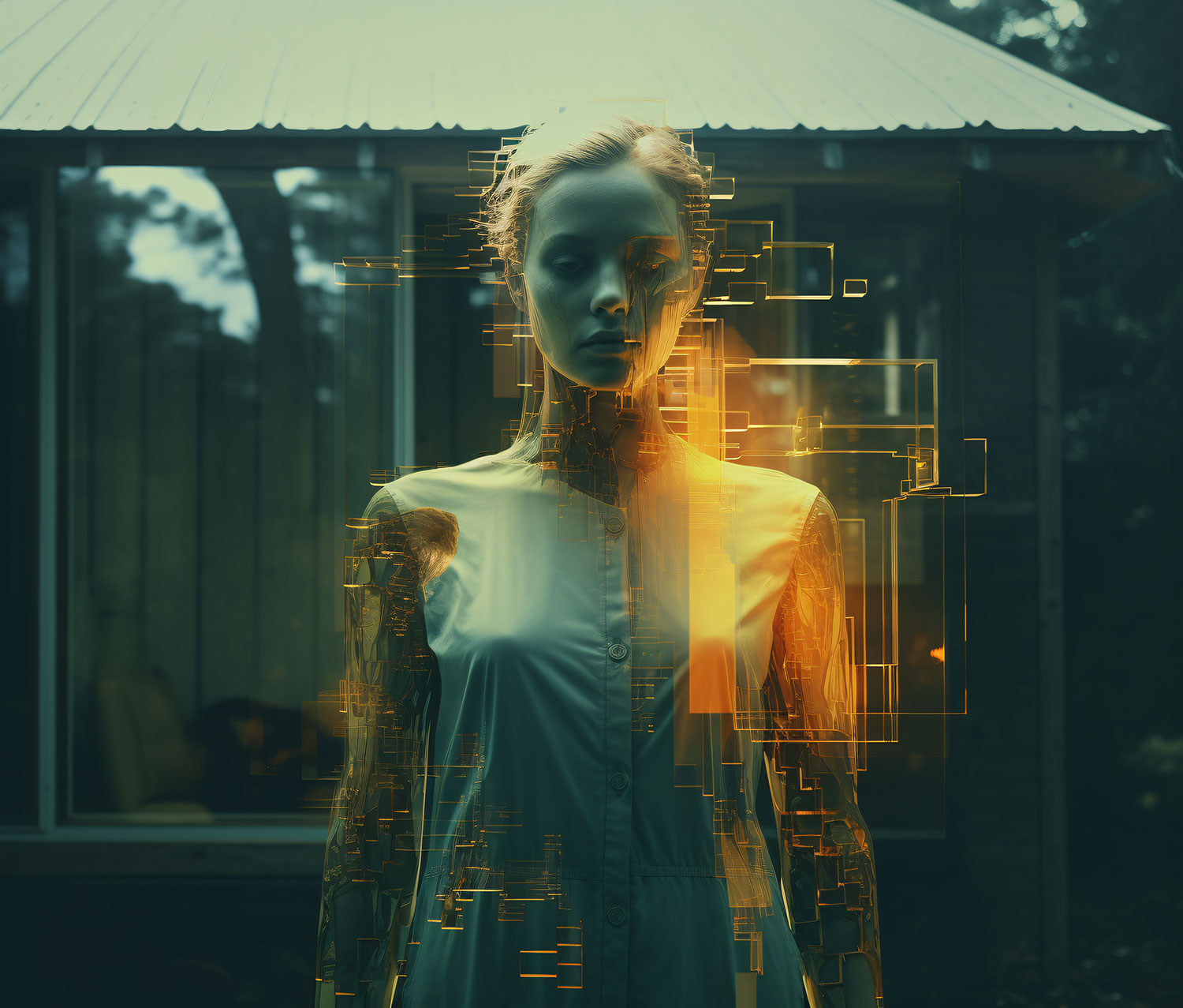 Retrato artístico de mujer fusionada con elementos tecnológicos en estilo futurista.