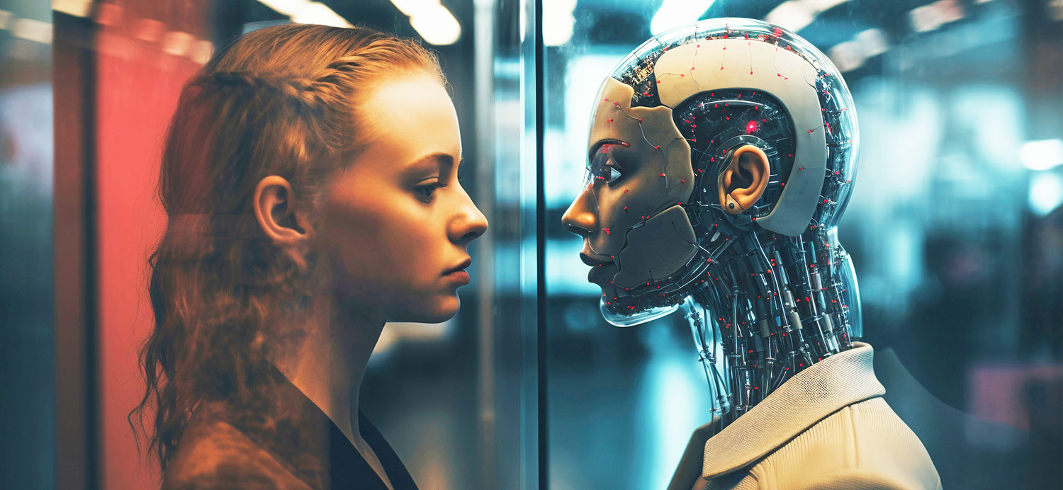 Interacción entre una mujer y un robot humanoide que refleja el vínculo entre humanos y tecnología