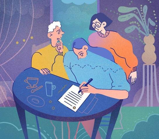 lustración de tres personas colaborando en la redacción de un currículum vitae en una mesa.