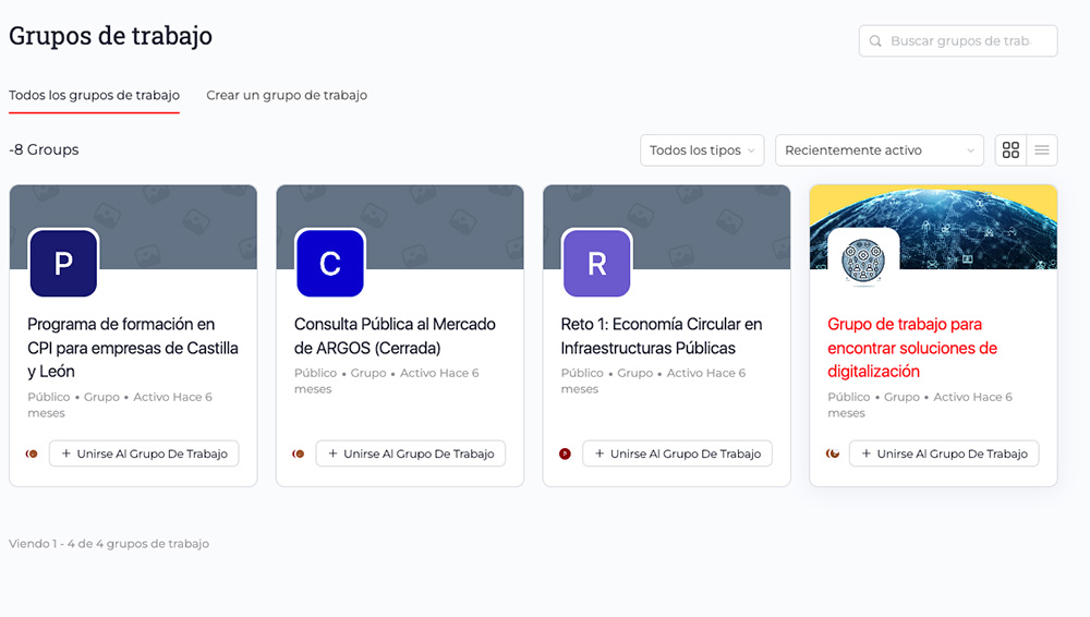 Captura de pantalla de los grupos de trabajo activos en la plataforma de economía circular de Novadays.