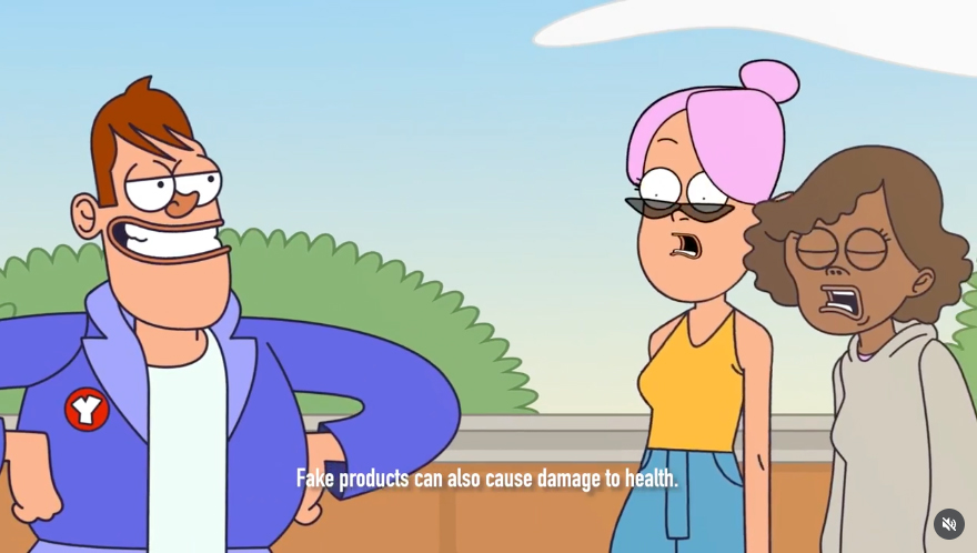 Escena animada donde se alerta a los niños sobre los riesgos para la salud que implican los productos falsificados.