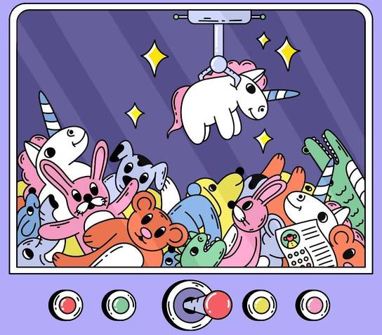 Ilustración de una máquina de garra seleccionando un unicornio entre peluches, simbolizando la búsqueda de talento en startups.