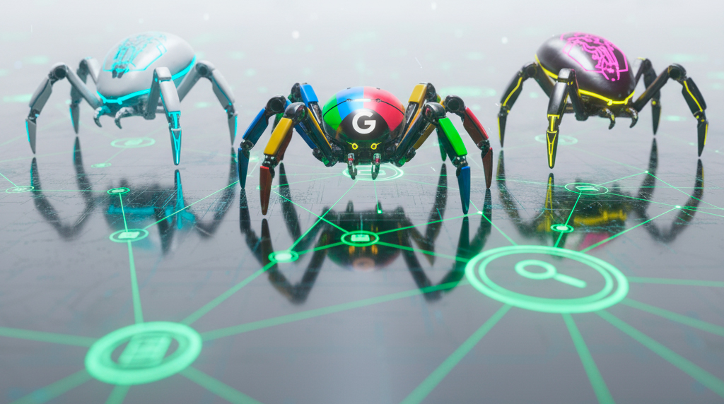Arañas robóticas de Google y otros agentes sobre una red digital.