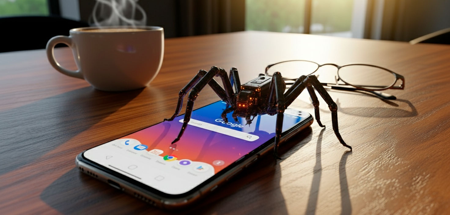 Araña robótica sobre un smartphone simbolizando rastreo de IA.