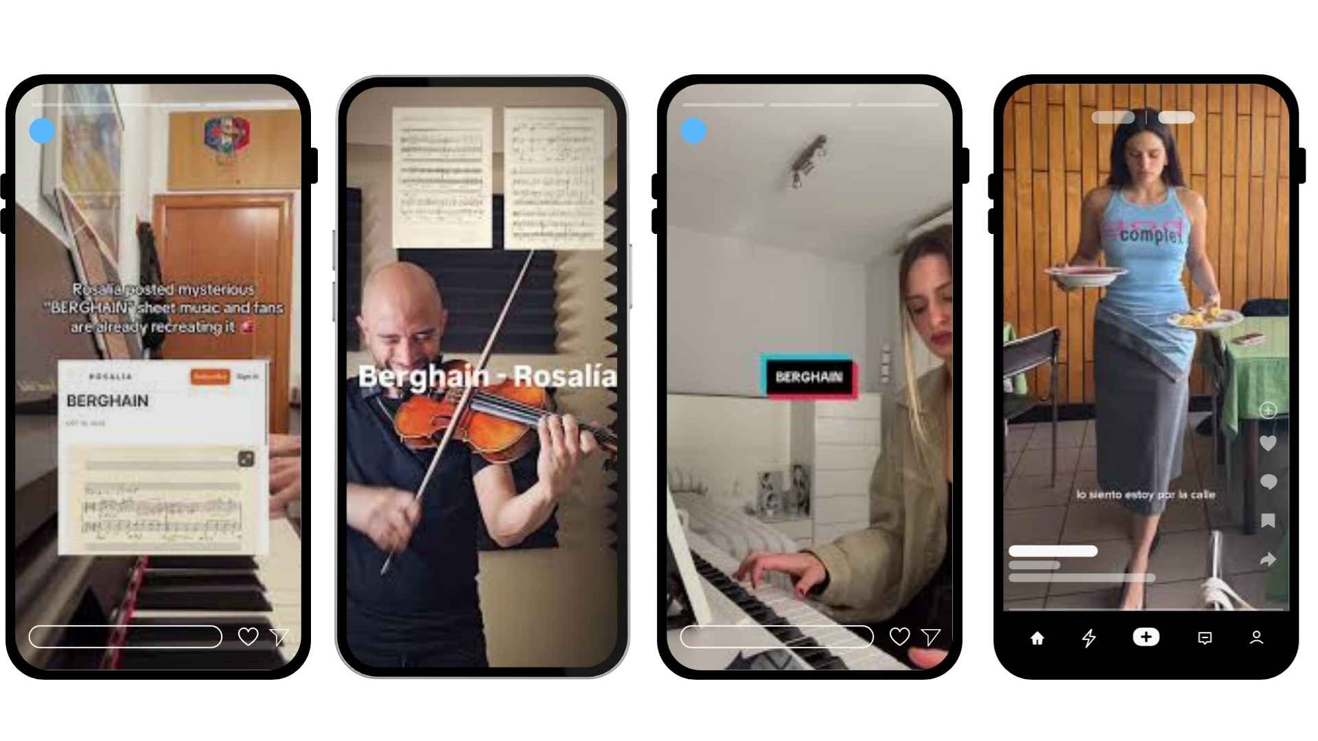 Capturas de TikTok e Instagram donde músicos y fans recrean la partitura Berghain de Rosalía en violín, piano y otros formatos visuales