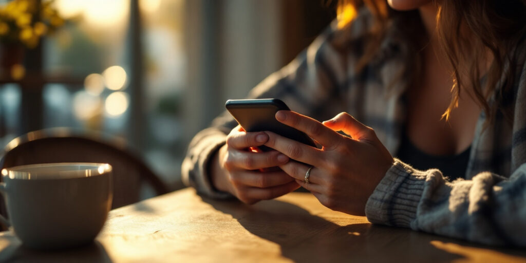 oven mirando su móvil mientras compra online desde una app de mensajería, reflejando la integración entre conversación y e-commerce.