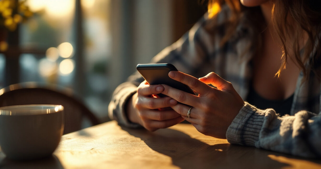 oven mirando su móvil mientras compra online desde una app de mensajería, reflejando la integración entre conversación y e-commerce.