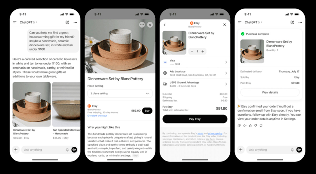 Opción de pago instantáneo en ChatGPT con productos listos para ser comprados desde el mismo entorno de conversación.