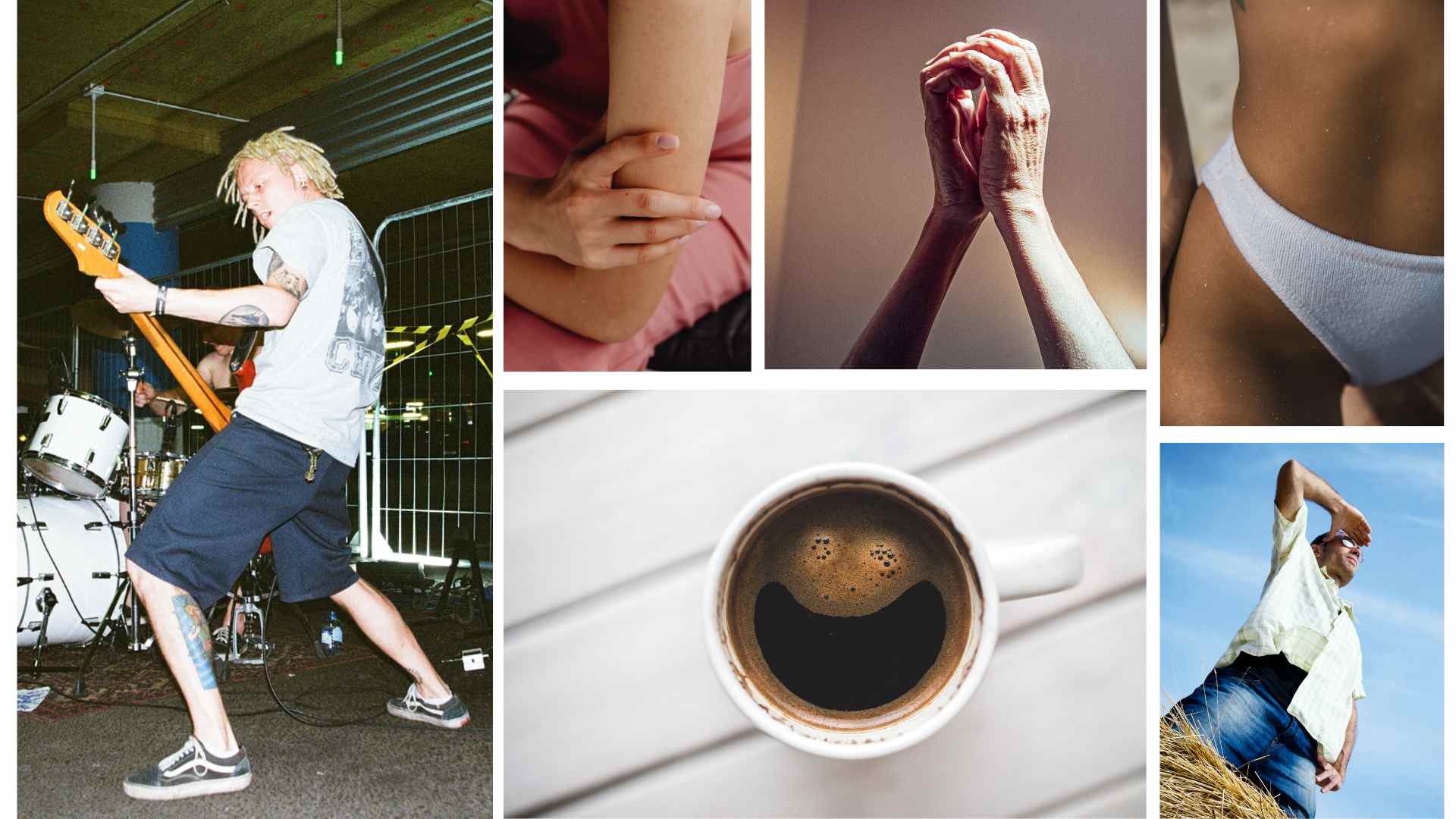 Collage de gestos y posturas que muestran diferentes formas de comunicación no verbal en la vida cotidiana, desde manos entrelazadas hasta expresiones corporales de música, descanso y movimiento.