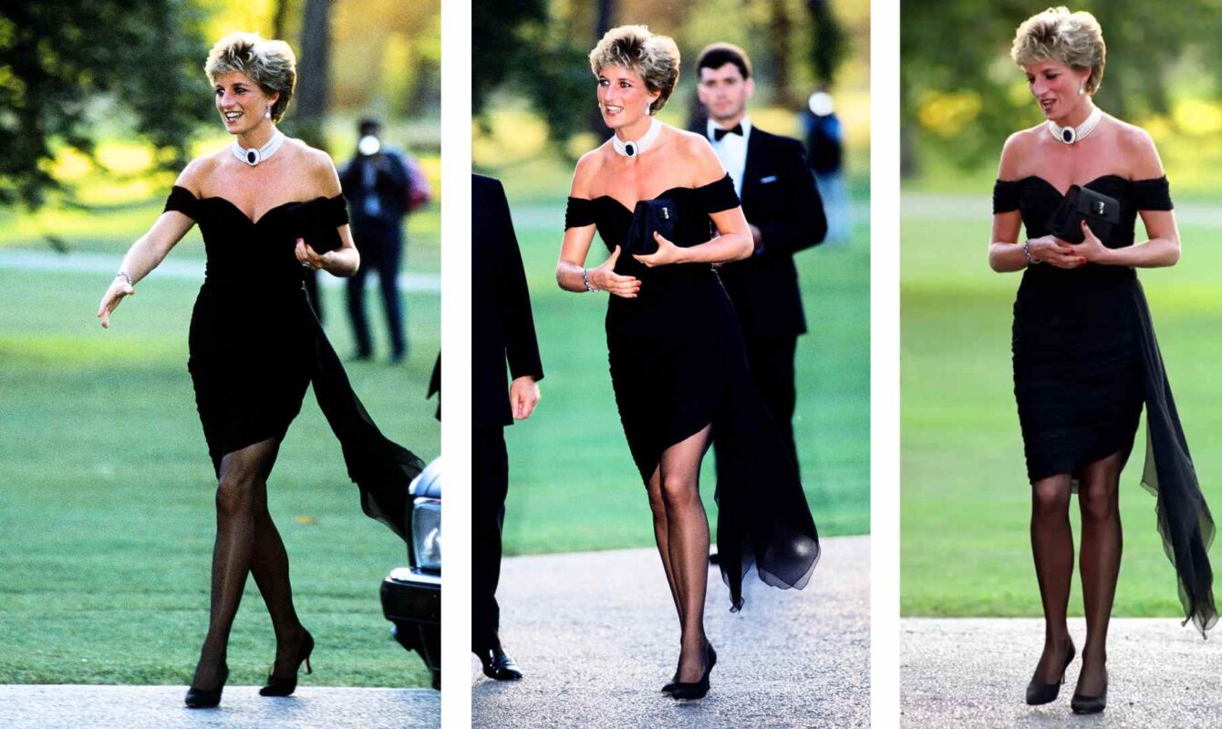 Lady Di con el vestido de la venganza, caminando con seguridad y elegancia, ejemplo de comunicación no verbal y poder simbólico en una aparición pública.