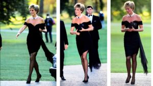 Lady Di con el vestido de la venganza, caminando con seguridad y elegancia, ejemplo de comunicación no verbal y poder simbólico en una aparición pública.