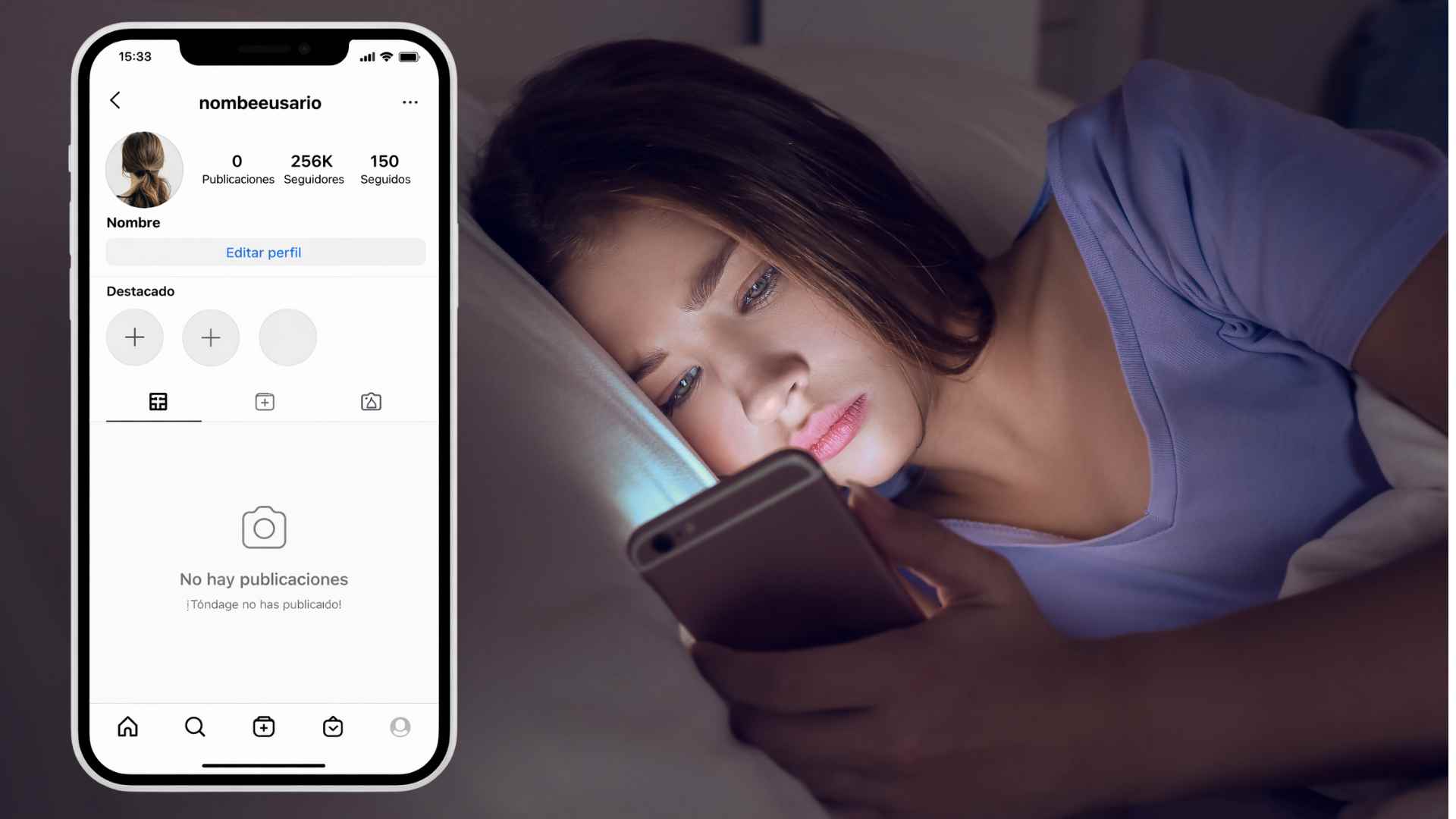 Adolescente mirando su móvil en la cama con perfil sin publicaciones