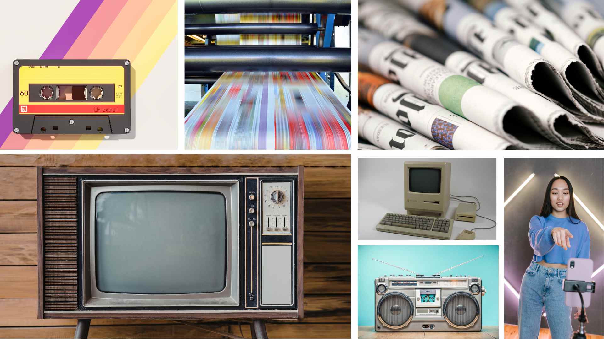 Collage con prensa, radio, televisión y medios digitales, mostrando la evolución del consumo informativo.