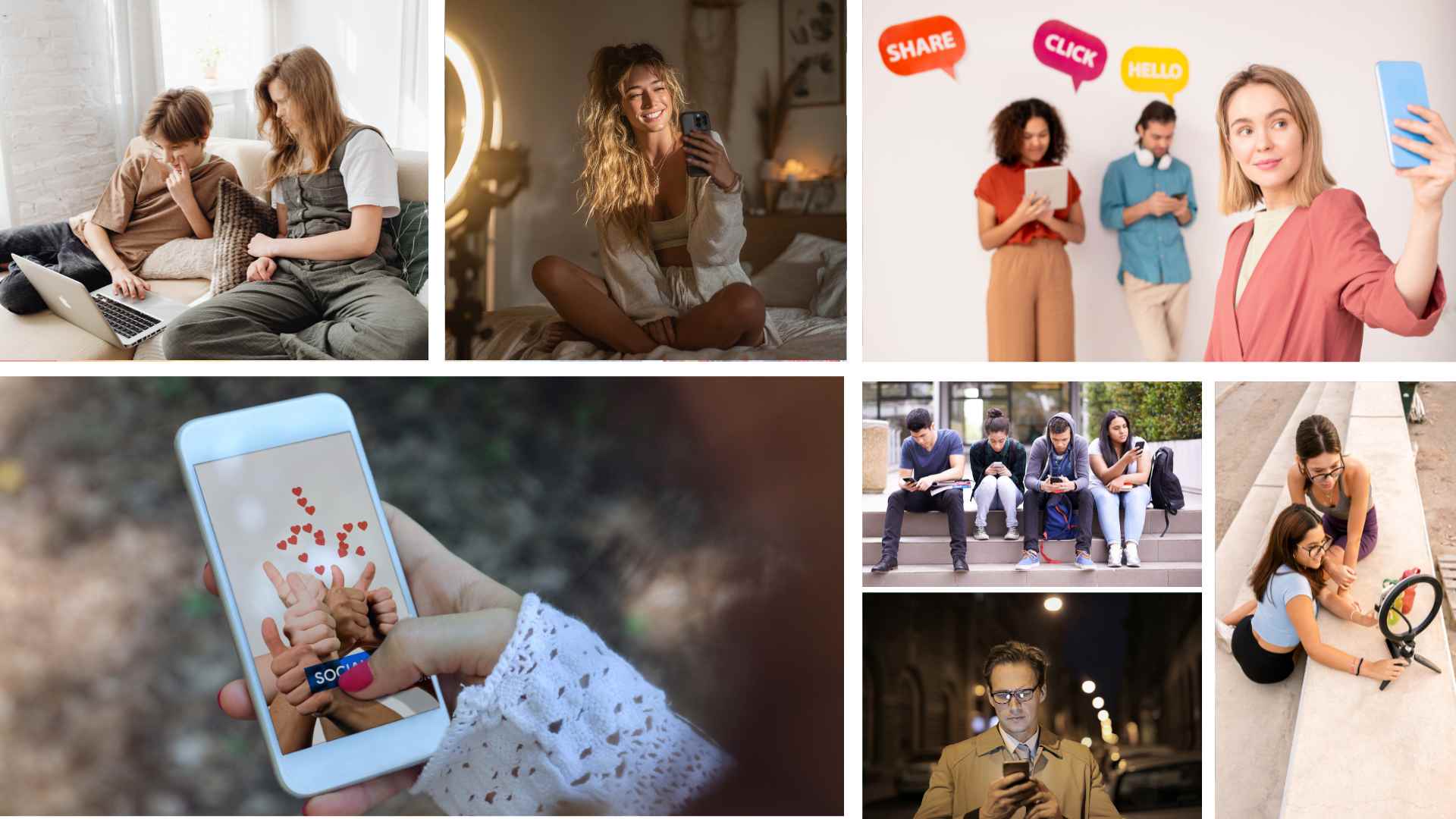 Collage de jóvenes interactuando con redes sociales y móviles