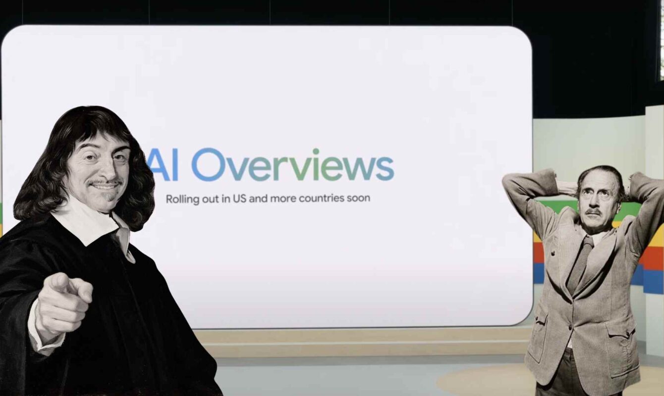 AI Overviews de Google con figuras filosóficas representando el cambio en el SEO y la visibilidad en buscadores