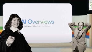 AI Overviews de Google con figuras filosóficas representando el cambio en el SEO y la visibilidad en buscadores