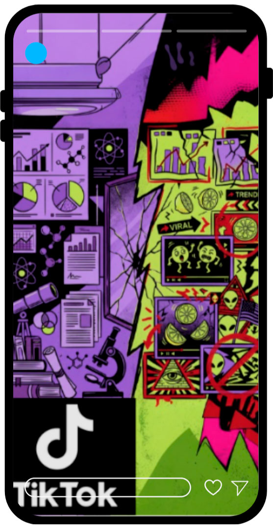 Ilustración dividida que muestra el contraste entre información científica y desinformación en TikTok, con gráficos y datos rigurosos a un lado y contenido viral y conspirativo al otro.