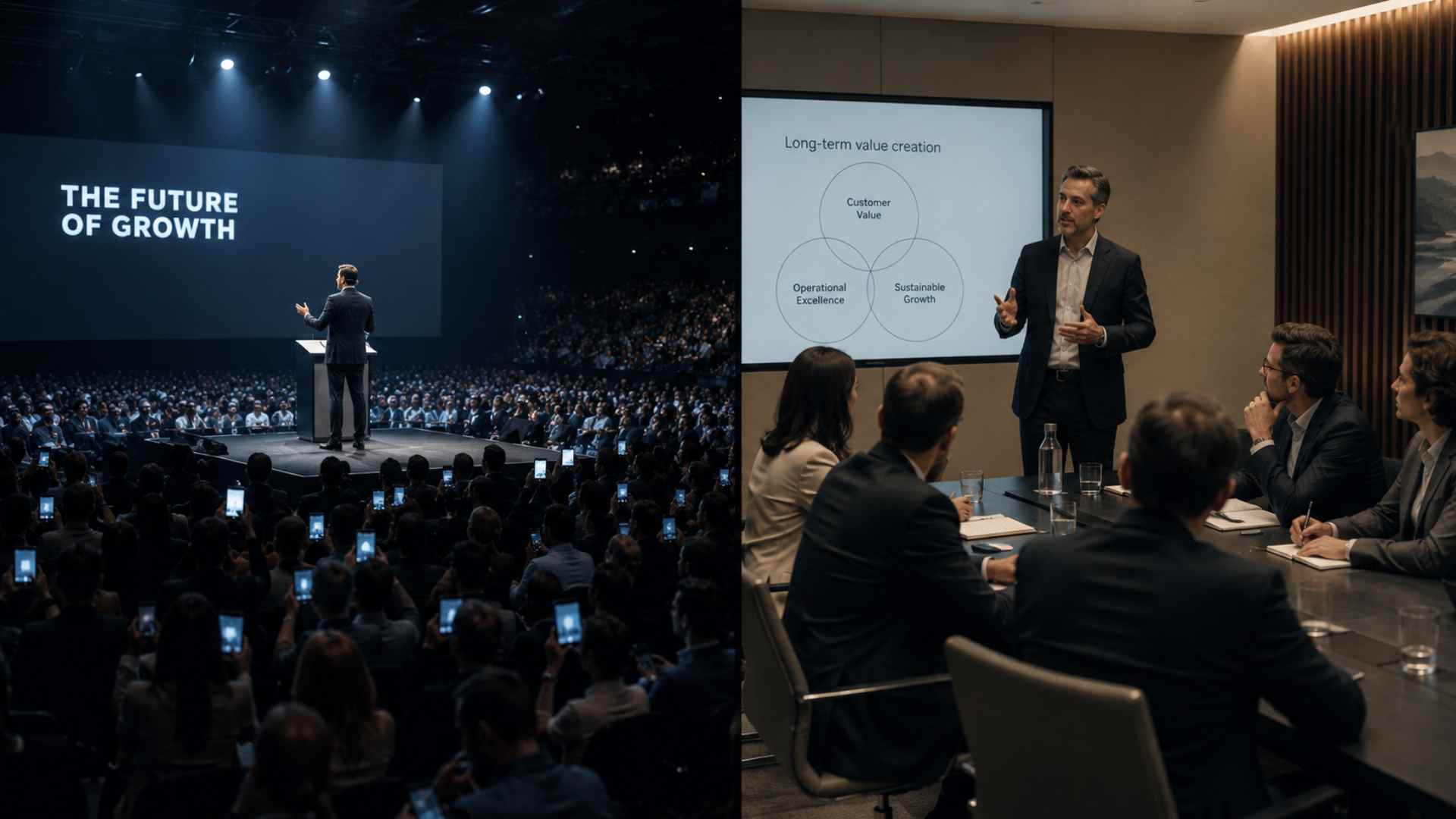 Comparación entre un conferenciante con gran audiencia distraída y un CEO que genera atención e influencia en un grupo reducido de directivos.
