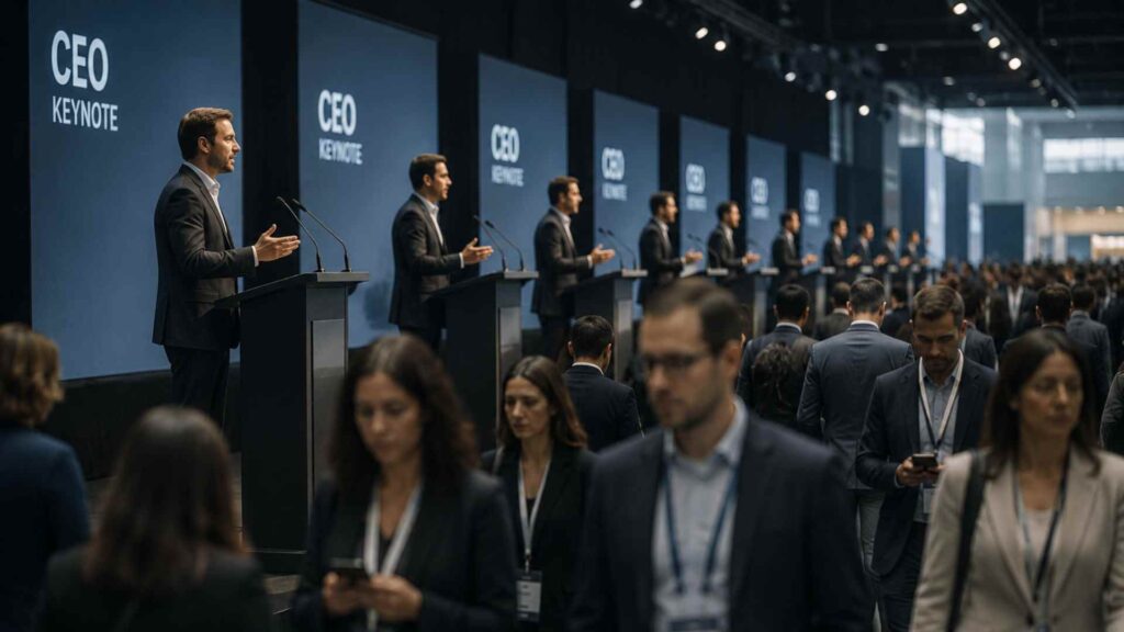 Fila de CEOs dando conferencias mientras el público camina distraído sin prestar atención a sus mensajes.