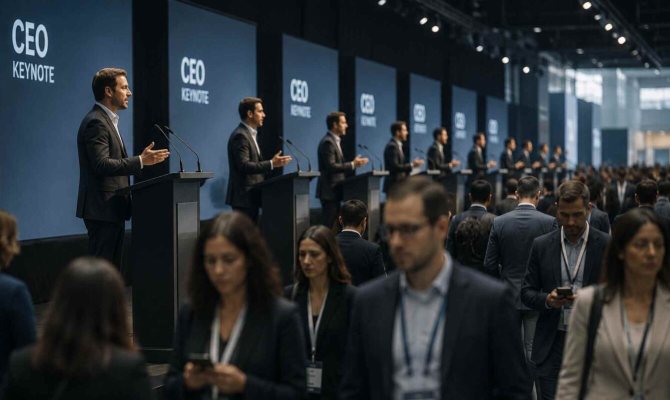 Fila de CEOs dando conferencias mientras el público camina distraído sin prestar atención a sus mensajes.