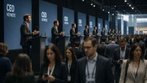 Fila de CEOs dando conferencias mientras el público camina distraído sin prestar atención a sus mensajes.