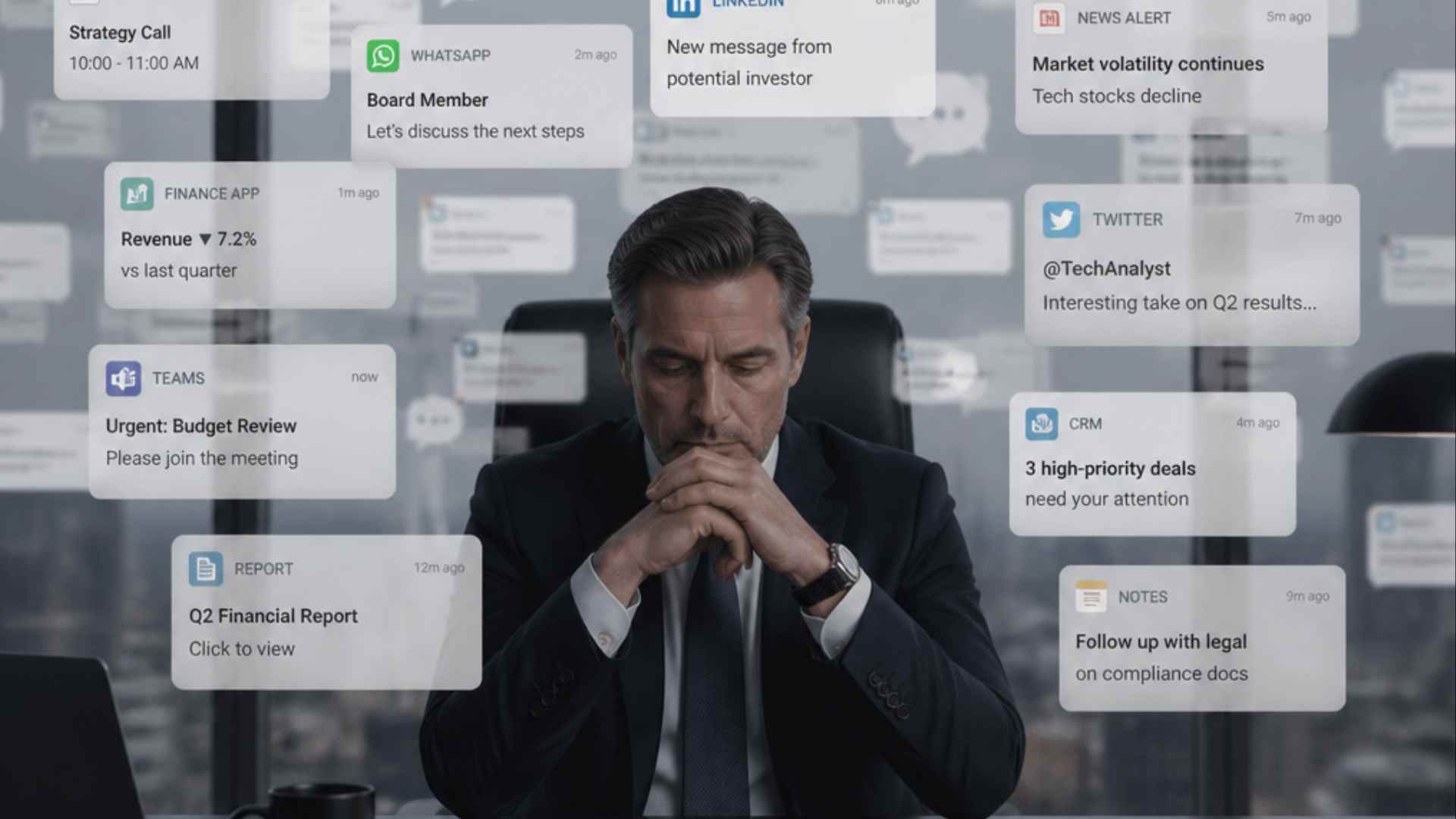 CEO sentado en su despacho rodeado de notificaciones digitales, mensajes y alertas que simbolizan la sobrecarga de información en la gestión empresarial.