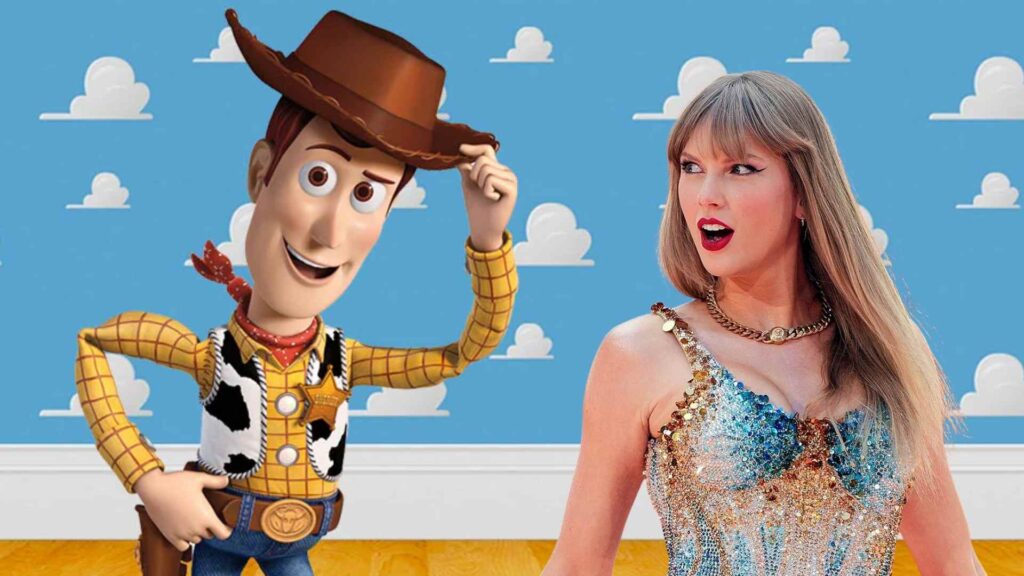 Taylor Swift junto a Woody de Toy Story en una imagen que representa el uso de Easter Eggs y narrativas transmedia en marketing de contenidos.