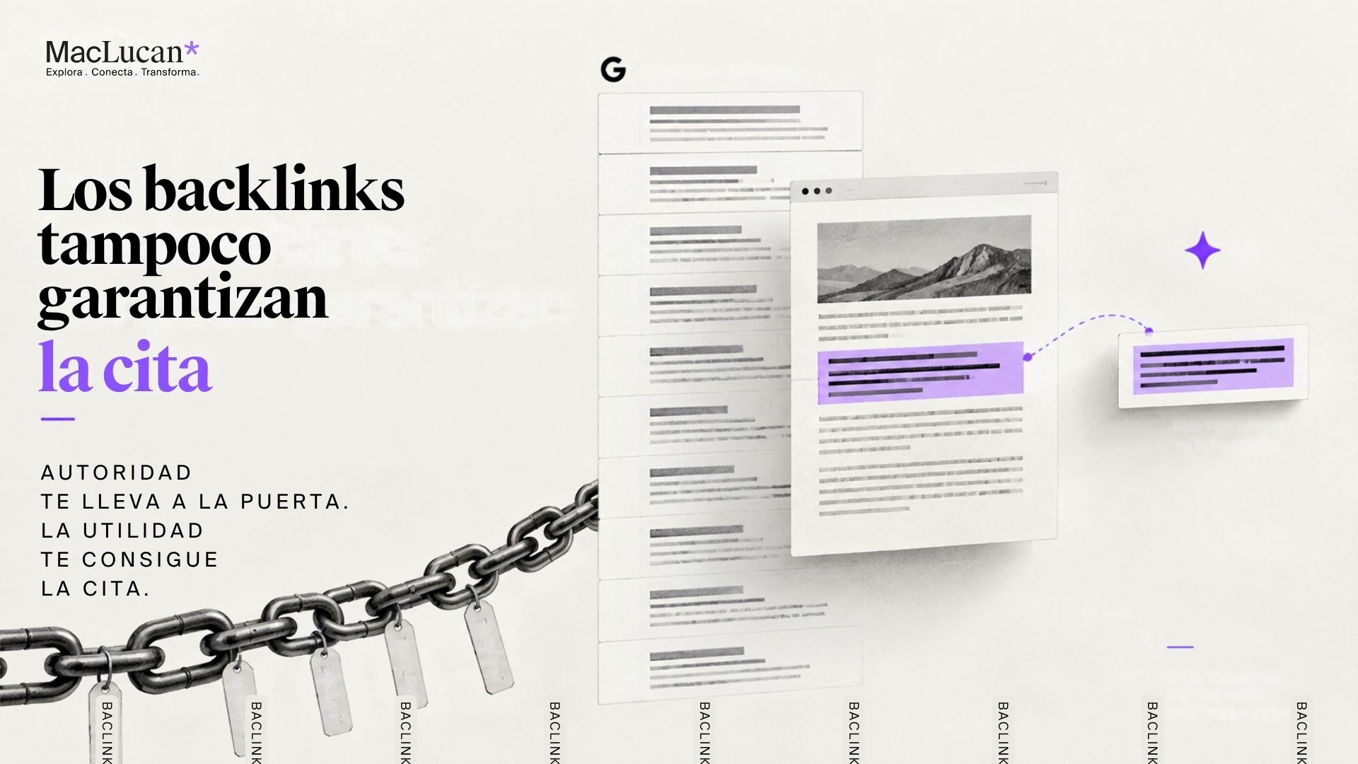 Infografía con una cadena de backlinks junto a resultados de búsqueda y una IA que extrae un párrafo concreto, mostrando que los enlaces no garantizan la cita.