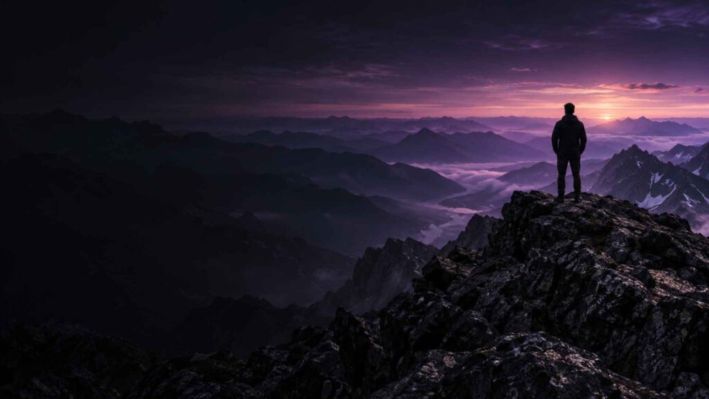 Persona contemplando un paisaje de montañas desde una cima al atardecer, imagen del método ECT de consultoría estratégica de MacLucan.