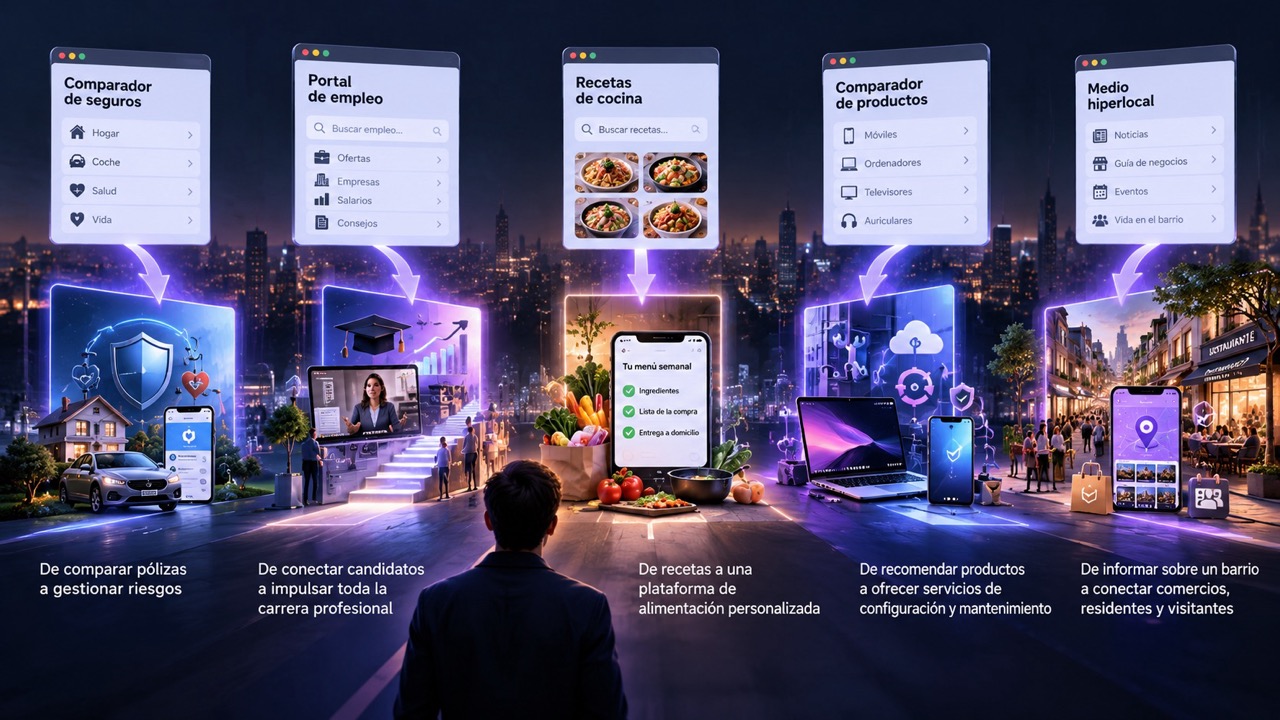 Ilustración de cinco plataformas digitales que evolucionan hacia nuevos servicios de seguros, empleo, alimentación, tecnología y comercio local. Copiar