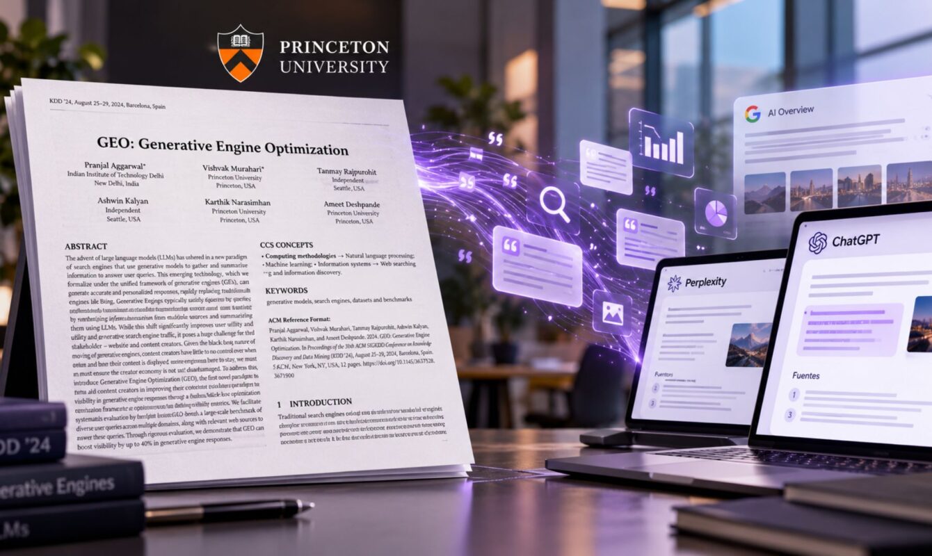 Portada del estudio GEO: Generative Engine Optimization, con el logotipo de Princeton y visualizaciones de datos que conectan la investigación con ChatGPT, Perplexity y Google AI.