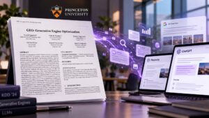 Portada del estudio GEO: Generative Engine Optimization, con el logotipo de Princeton y visualizaciones de datos que conectan la investigación con ChatGPT, Perplexity y Google AI.
