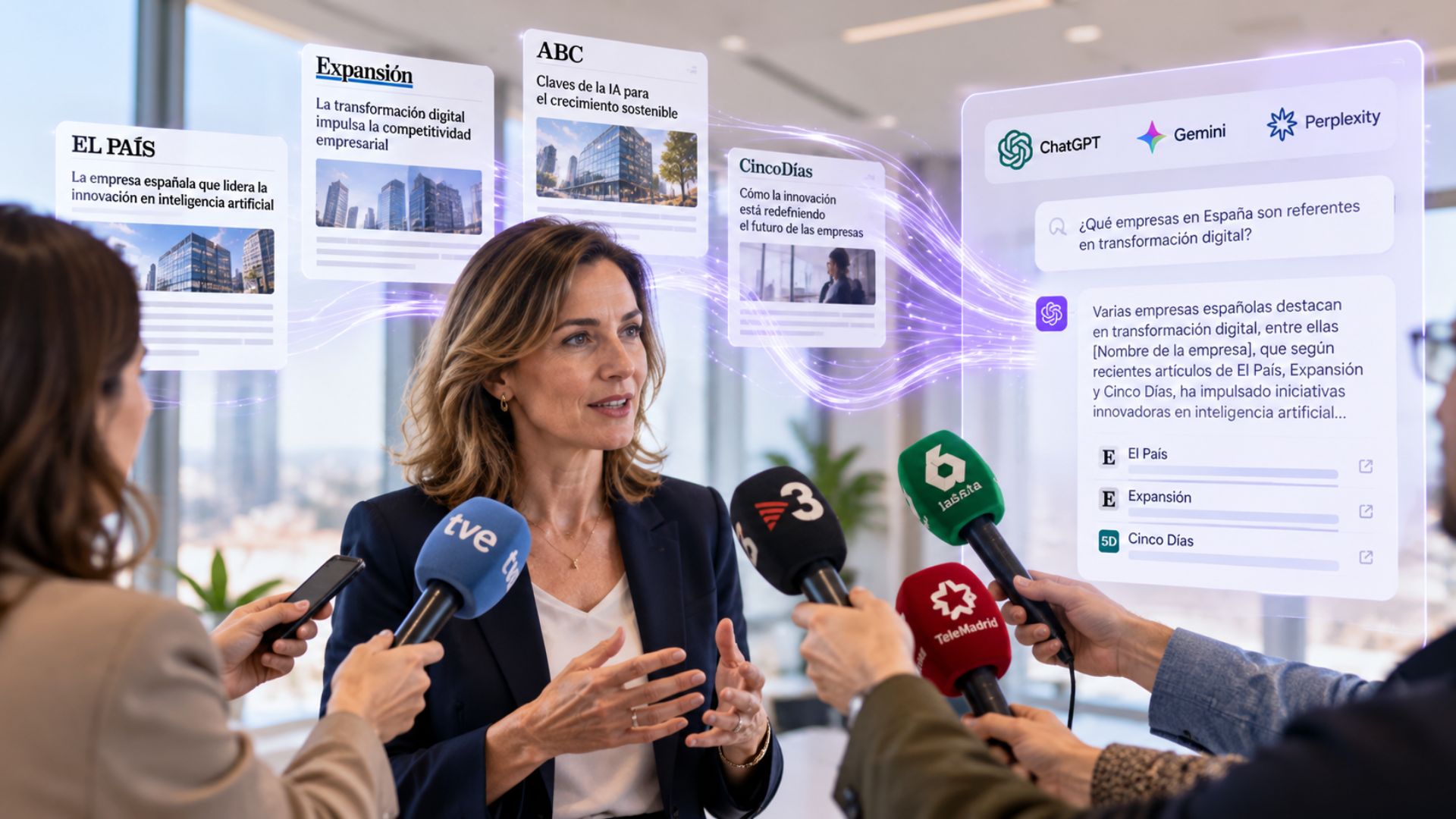Directiva atendiendo a periodistas de televisión en una oficina luminosa, con noticias de medios de comunicación conectadas mediante flujos de datos a buscadores de inteligencia artificial.