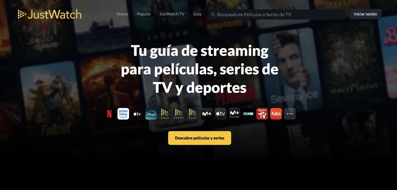 Página principal de JustWatch con su buscador de películas y series y los iconos de diferentes plataformas de streaming.