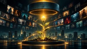 Ilustración de una planta luminosa creciendo entre pantallas de streaming, símbolo de la transformación de negocios digitales como JustWatch.