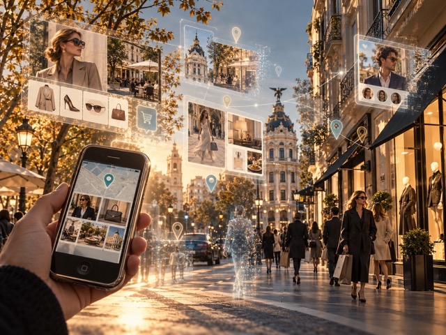 Ilustración de la Milla de Oro de Madrid con un móvil de 2009 y elementos digitales de moda, comercio electrónico y geolocalización. Copiar