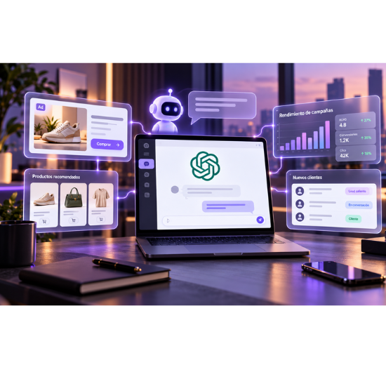 Publicidad en ChatGPT Ads representada en un ordenador con anuncios de productos, recomendaciones de compra y paneles de análisis de campañas con inteligencia artificial.