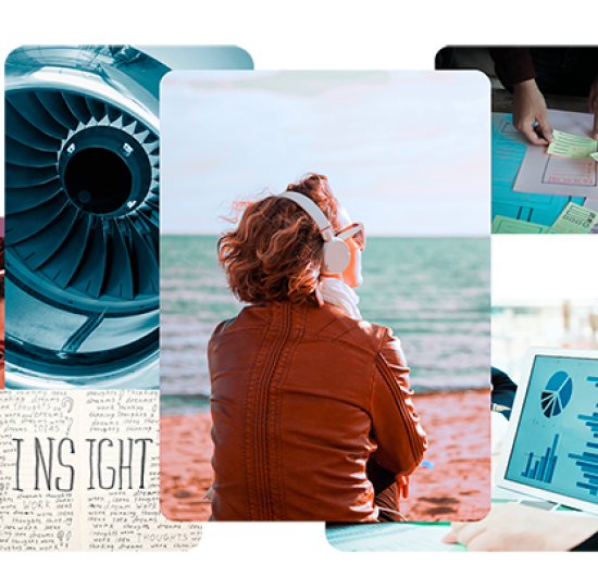 Collage visual con auriculares, gráficos de datos, lluvia de ideas y paisajes que representan escucha activa, análisis de audiencias y comprensión estratégica en entornos digitales.