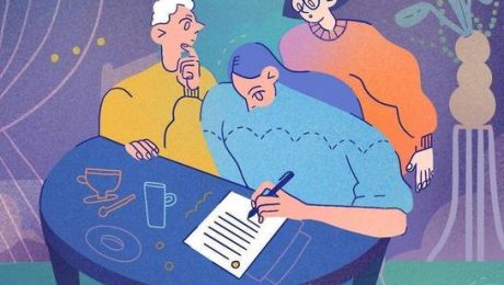 lustración de tres personas colaborando en la redacción de un currículum vitae en una mesa.