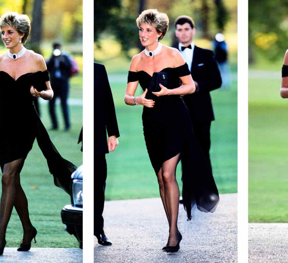 Lady Di con el vestido de la venganza, caminando con seguridad y elegancia, ejemplo de comunicación no verbal y poder simbólico en una aparición pública.