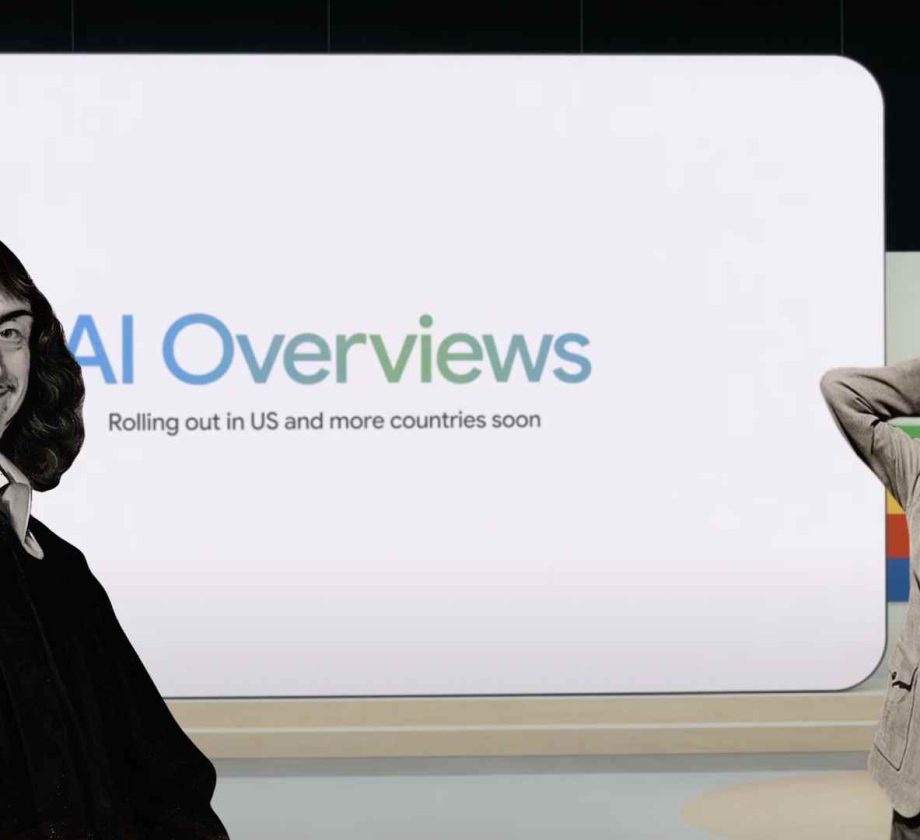 AI Overviews de Google con figuras filosóficas representando el cambio en el SEO y la visibilidad en buscadores