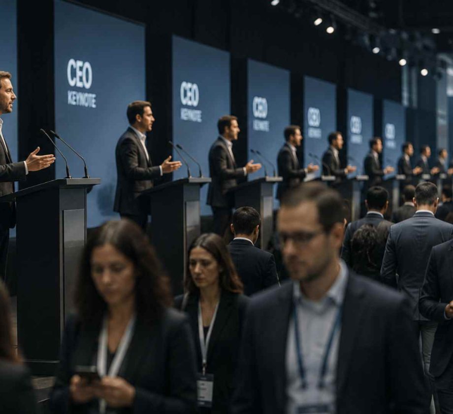 Fila de CEOs dando conferencias mientras el público camina distraído sin prestar atención a sus mensajes.
